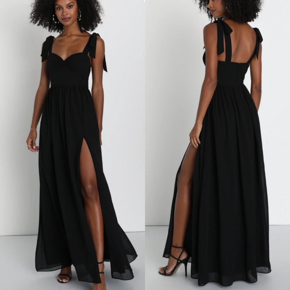 NEW Lulus Radiant Charisma Chiffon Tie Strap Maxi Dress Sz XL Black Gown NWT